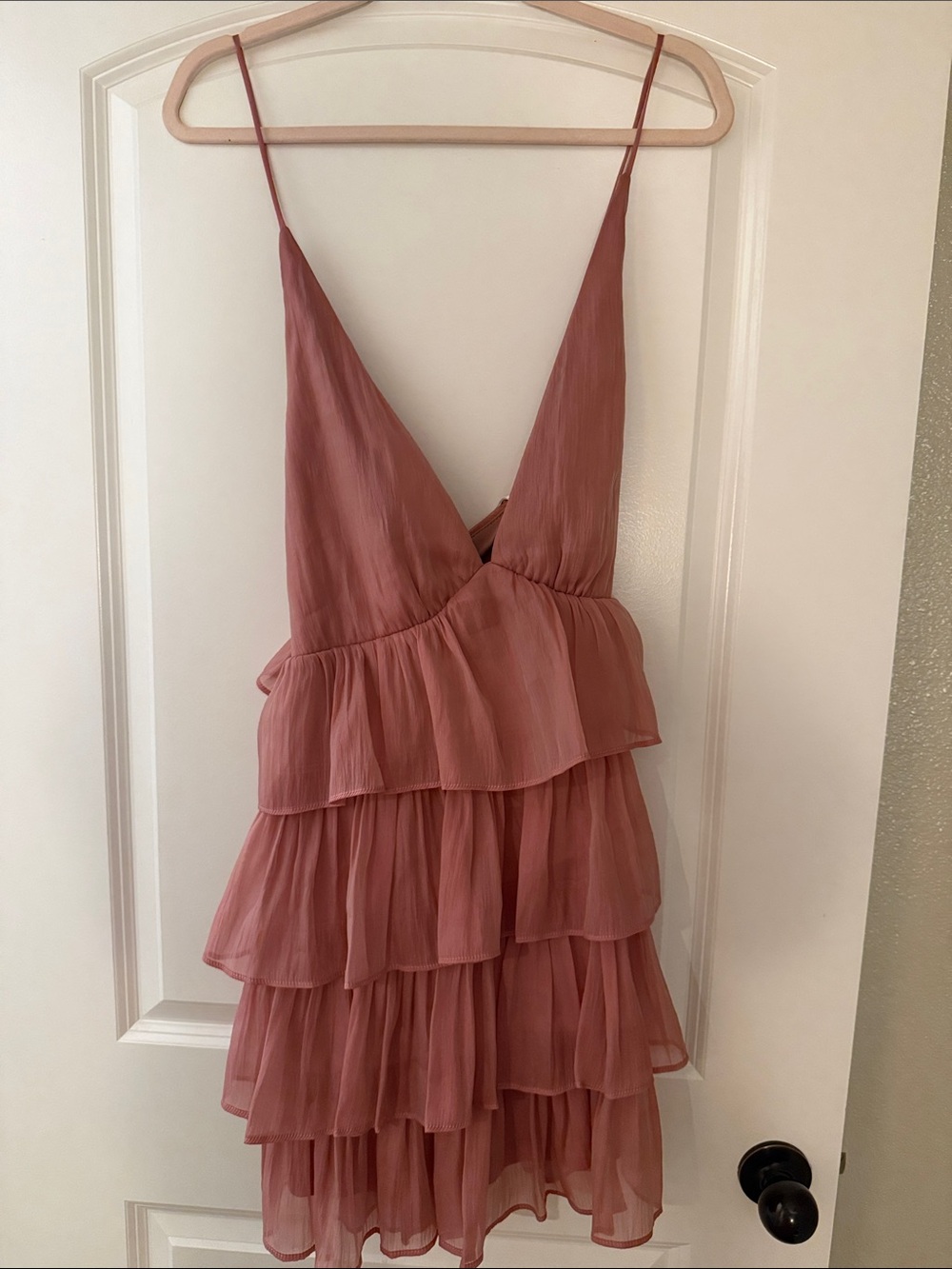 Lulu's Dusty Rose Tiered Ruffle Spaghetti Strap Mini Dress